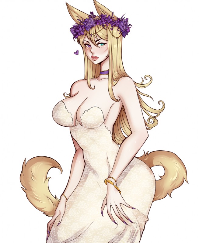 big_breasts blonde_hair blue_eyes blush bracelet breasts claws cleavage clothed clothing dress female flower fur hair heart_symbol heterochromia jewelry lips long_hair looking_at_viewer plant purple_eyes simple_background smile solo white_background wide_hips yellow_body yellow_fur rebeccacablah animal_humanoid canid canid_humanoid canine canine_humanoid fox fox_humanoid humanoid mammal mammal_humanoid 2015 hi_res