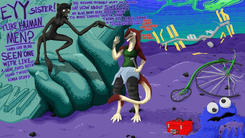 anthro black_body black_fur breasts claws duo female female/female fur green_eyes long_arms monocycle red_body red_fur satellite tail text toolbox fwughox_(artist) cookie_monster lyka_(mrfanman42) missy_(napalm_express) statue_of_liberty humanoid mammal monster sergal wolficus 16:9 absurd_res digital_drawing_(artwork) digital_media_(artwork) english_text hi_res widescreen