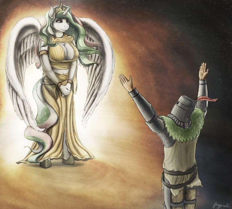 princess celestia and solaire of astora (praise the sun (meme) and etc) created by angerelic