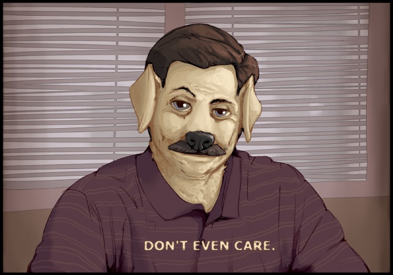 anthro black_nose blue_eyes brown_hair clothed clothing facial_hair hair looking_at_viewer male mustache solo text what thrasian parks_and_recreation ron_swanson canid canine canis domestic_dog mammal english_text reaction_image