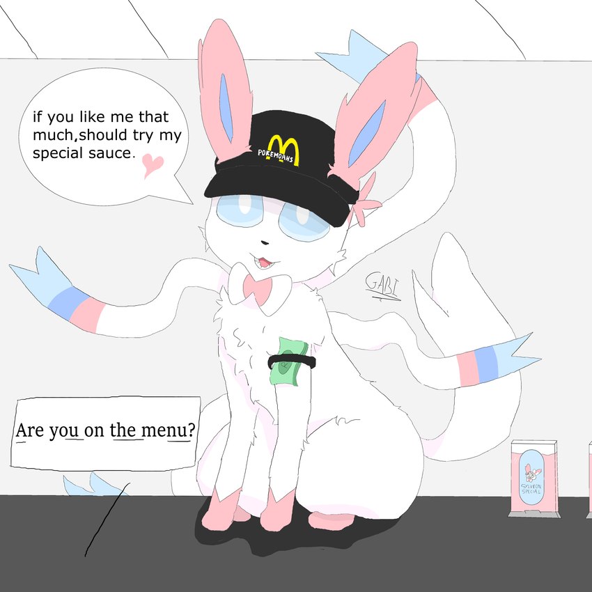 ambiguous_gender clothing feral hat headgear headwear paws smile solo suggestive_dialogue text gabriela_paes mcdonald's nintendo pokemon eeveelution generation_6_pokemon pokemon_(species) sylveon mac_(disambiguation) 1:1 absurd_res english_text hi_res andromorph_(lore)