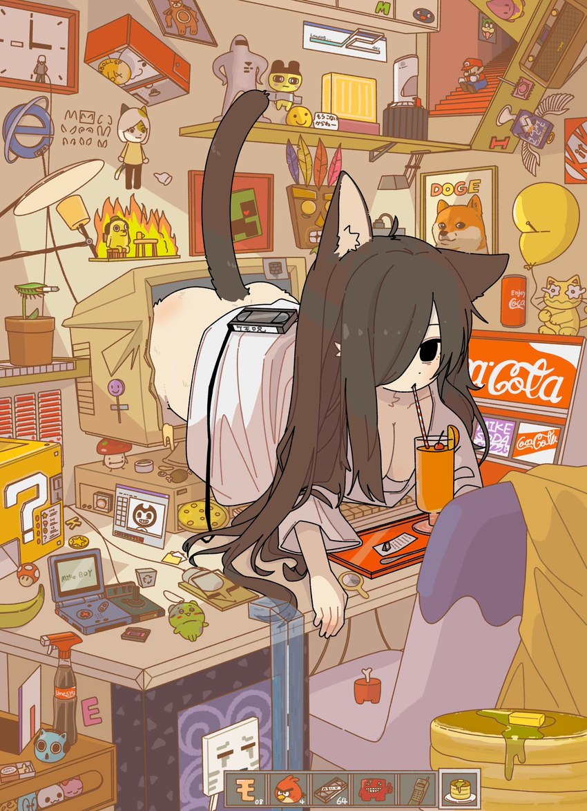 all_fours anthro black_hair bottomless breasts butt cassette_tape cheek_tuft cleavage clothed clothing computer_monitor condom detailed_background drinking facial_tuft female fur furniture hair hair_over_eye inside long_hair sexual_barrier_device shirt shirt_only solo topwear topwear_only tuft unused_condom white_body white_fur wrapped_condom doremifaso64 ambient_among_us among_us dogelore innersloth microsoft minecraft mojang the_ring xbox_game_studios crewmate_(among_us) doge sadako_yamamura samara_morgan domestic_cat felid feline felis mammal 2025 cel_shading colored hi_res meme shaded