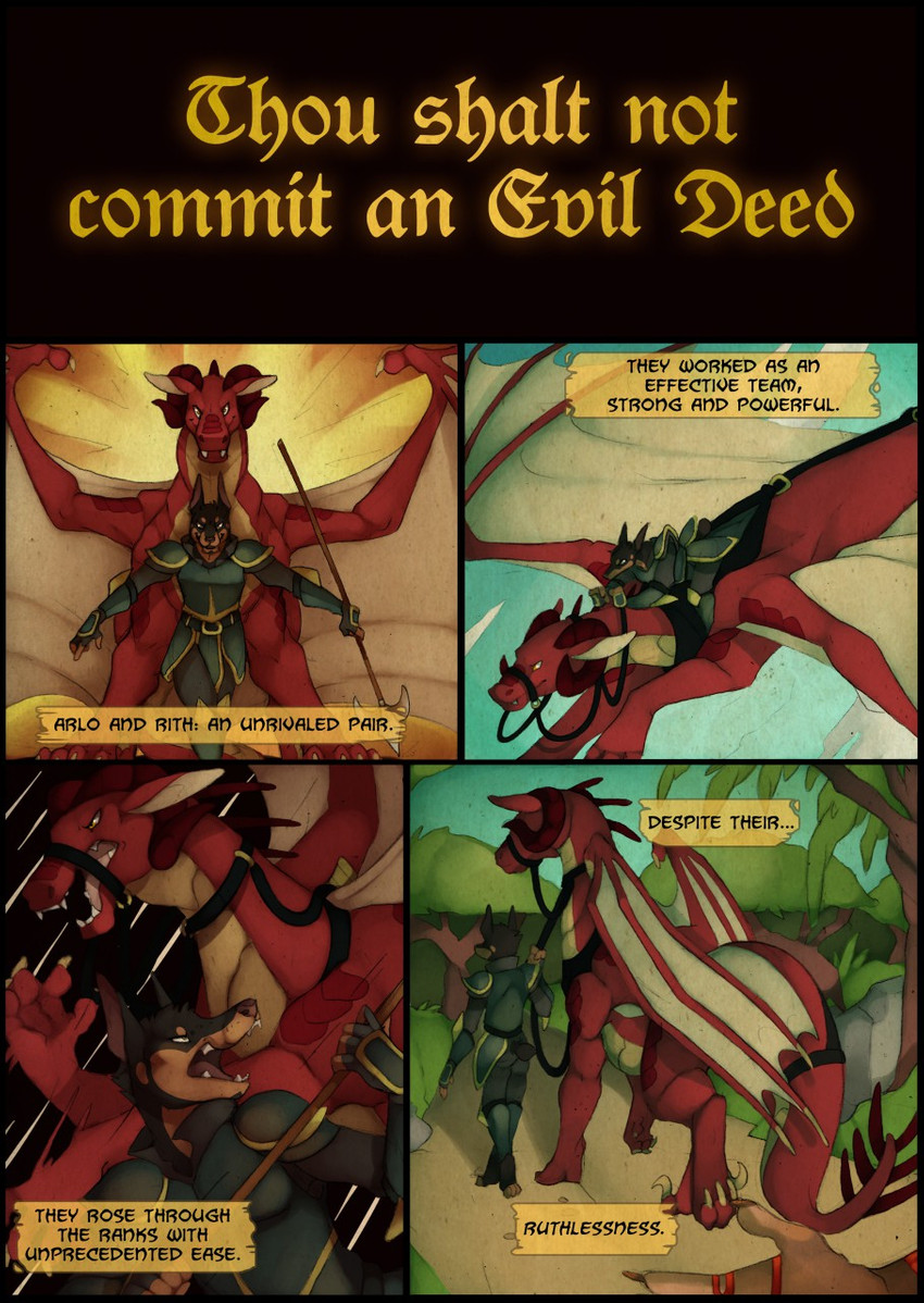 4_toes 5_fingers 5_toes ambiguous_gender anthro armor biped black_body black_border black_clothing black_ears black_fur black_tail border bridle brown_body brown_fur brown_nose claws clothed clothing curled_horn d:< dragon_rider duo feet feral fighting_pose fingerless_gloves fingers flying forest fur gloves grass grey_eyes handwear harness holding_leash holding_melee_weapon holding_object holding_polearm holding_spear holding_weapon horn leash looking_at_viewer looking_down male melee_weapon membrane_(anatomy) membranous_wings multicolored_body multicolored_fur multicolored_skin narration open_mouth outside path plant polearm pose quadruped red_body red_ears red_horn red_scales red_skin red_tail reins ridged_horn scales sharp_teeth sky smile spear spread_arms spread_wings standing tail teeth text toe_claws toes tree two_tone_body two_tone_fur two_tone_skin walking weapon white_body white_claws white_scales white_skin white_wings wings yellow_eyes jagon european_mythology mythology arlo_(jagon) rith_(jagon) canid canine canis dobermann domestic_dog dragon mammal mythological_creature mythological_scalie pinscher scalie western_dragon 2020 comic digital_media_(artwork) english_text hi_res