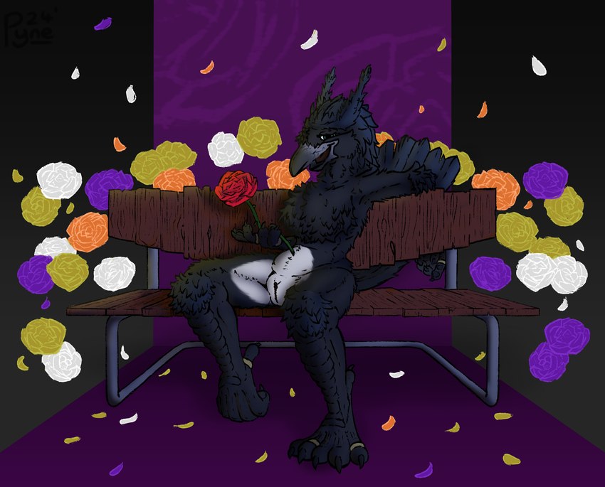 anthro bench black_background black_body black_feathers blue_body blue_feathers chest_tuft claws digit_ring feathers feet female flower genitals humanoid_genitalia humanoid_pussy jewelry multicolored_body multicolored_feathers multiple_lightsources orange_petals plant plumage polydactyly purple_background purple_petals pussy red_petals ring rose_(flower) simple_background solo talon_hands talons thorns toe_ring toes tuft two_tone_body two_tone_feathers white_body white_feathers white_petals yellow_petals pyne kyril_magnus avian bird corvid corvus_(genus) magpie_(corvid) oscine passerine hi_res shaded