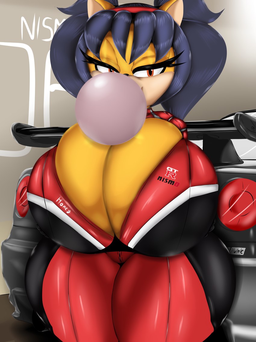 anthro big_breasts blowing_bubble_gum breasts bubble bubble_gum candy dessert female food gum huge_breasts inflating solo thick_thighs wide_hips ultimateshadow nissan nissan_gtr sega sonic_the_fighters sonic_the_hedgehog_(series) honey_the_cat domestic_cat felid feline felis mammal 3:4 hi_res