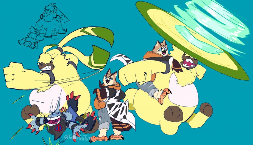 anthro beak belt blue_eyes brown_body brown_feathers carrying_another feathers flying fur group hair hair_over_eyes helicopter_ears male piggyback punch trio yellow_body yellow_fur tatertottoto bandai_namco digimon angoramon avian bird digimon_(species) dracmon owl hi_res