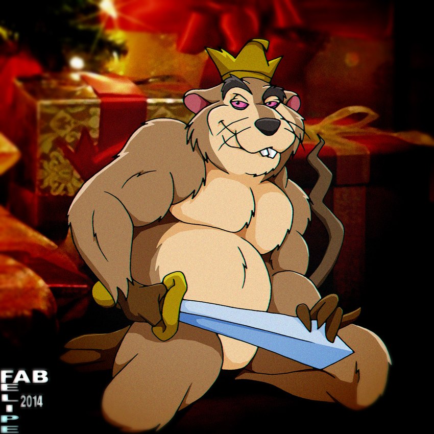 3_toes 4_fingers anthro arm_tuft bedroom_eyes belly bent_tail big_belly biped black_eyes brown_body brown_eyebrows brown_feet brown_fur brown_hands brown_nose brown_tail buckteeth cheek_tuft chest_tuft christmas_present collarbone countershade_torso countershading crooked_tail crown crown_only ears_outwards elbow_tuft eyebrows facial_tuft featureless_crotch feet fingers fur gift glance grin grinning_at_viewer hairless_feet hairless_hands hairless_tail half-closed_eyes hand_on_sword headgear holding_melee_weapon holding_object holding_sword holding_weapon king knee_tuft leg_tuft logo looking_at_viewer male melee_weapon moobs multicolored_body multicolored_fur musclegut muscular muscular_arms muscular_legs narrowed_eyes nude nude_anthro nude_male overweight overweight_anthro overweight_male paws pecs photo_background pink_sclera pivoted_ears plantigrade pose raised_eyebrow raised_tail royalty seductive shoulder_tuft smile smiling_at_viewer smirk smirking_at_viewer smug smug_expression smug_eyes smug_face smug_grin solo sword tail tan_belly tan_body tan_chest tan_fur teeth thick_arms thick_eyebrows thick_thighs toes torso tuft two_tone_body two_tone_fur veiny_arms veiny_legs weapon whiskers fabfelipe the_nutcracker the_nutcracker_prince mouse_king mouse_king_(nutcracker_prince) mammal mouse murid murine rat rodent 1:1 2014 artist_logo colored dated detailed digital_drawing_(artwork) digital_media_(artwork) hi_res photography_(artwork) pinup shaded