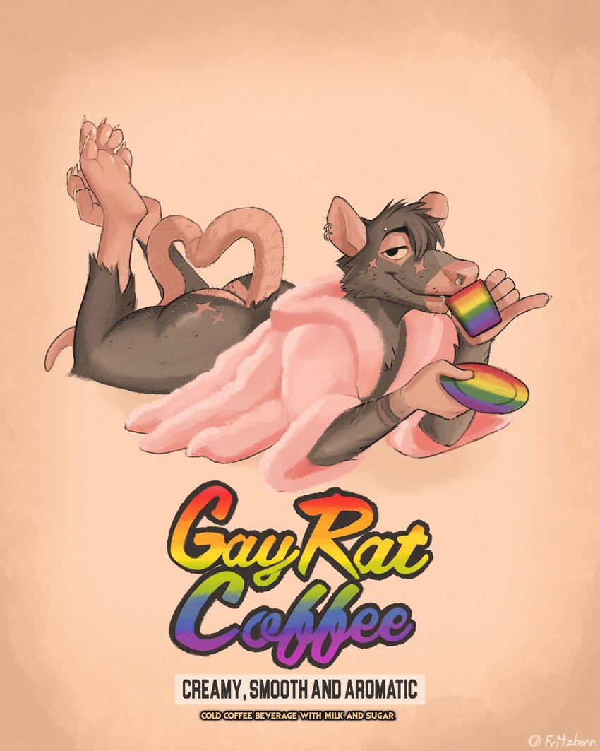 5_toes advertisement anthro barefoot beverage bottomless butt claws clothed clothing coffee coffee_mug container cup drinking ear_piercing ear_ring eyebrow_piercing eyebrows facial_piercing feet fur gesture glistening glistening_body glistening_butt glistening_feet glistening_fur glossy_body hair hindpaw holding_beverage holding_container holding_cup holding_mug holding_object holding_saucer legs_up lgbt_pride lip_piercing logo looking_at_viewer lying male mug narrowed_eyes nose_piercing on_front paws piercing pink_background pinky_out pride_color_logo pride_color_text pride_colors rainbow_pride_colors ring_piercing robe saucer simple_background six-stripe_rainbow_pride_colors smile soles solo super_gay text toes tuft fritzbonn mammal murid murine rat rodent 2022 english_text hi_res signature