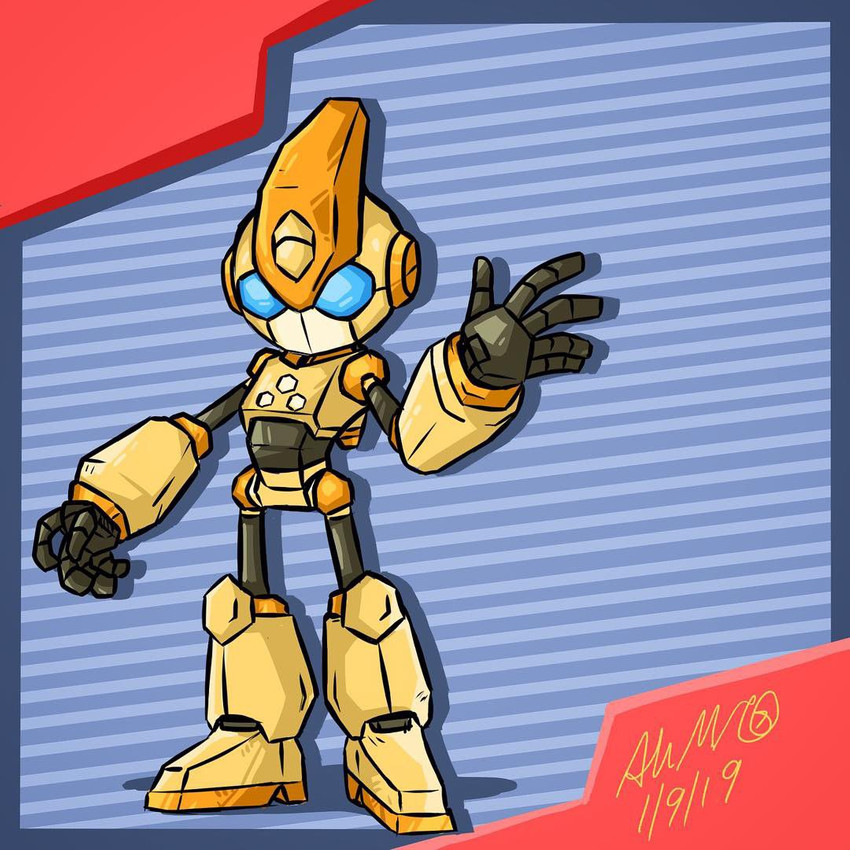 ambiguous_gender blue_background blue_eyes brown_body brown_skin horn machine not_furry orange_body orange_skin red_background simple_background solo standing yellow_body adam_calloway sega sonic_the_hedgehog_(series) emerl gizoid humanoid robot 1:1 2019 signature