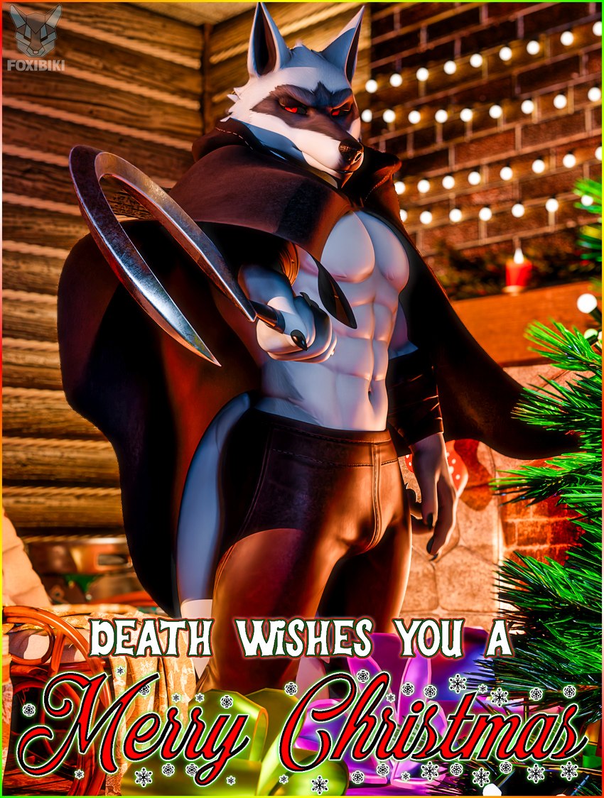 abs anthro arm_wrapping arm_wraps bottomwear bulge christmas_decorations christmas_lights christmas_tree claws cloak clothing facial_markings fur fuzzy grey_body grey_fur half-closed_eyes head_markings holding_object holding_weapon holidays inside lights looking_at_viewer male markings mask_(marking) muscular muscular_anthro muscular_male narrowed_eyes navel pants plant pointing_weapon pointing_weapon_at_viewer red_eyes sickle solo standing tail text tree unimpressed weapon wrapped_arms wraps foxibiki valorlynz_(modeler) blender_cycles christmas dreamworks puss_in_boots_(franchise) death_(puss_in_boots) canid canine canis mammal wolf 2024 3d_(artwork) blender_(artwork) digital_media_(artwork) english_description english_text hi_res watermark