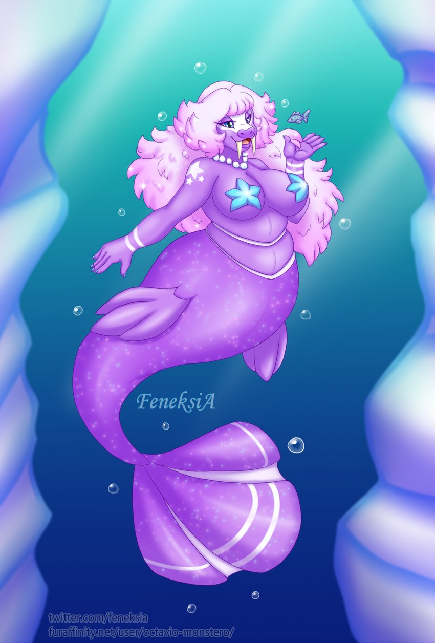 5_fingers anthro breasts female fingers hair pink_hair solo split_form text feneksia mermay nintendo pokemon fish generation_3_pokemon marine merfolk pokemon_(species) walrein hi_res url