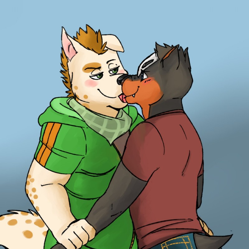 anthro anthrofied clothed clothing duo kissing male male/male muscular muscular_male tongue tongue_out genchi nintendo pokemon generation_2_pokemon houndour pokemon_(species) 1:1 hi_res