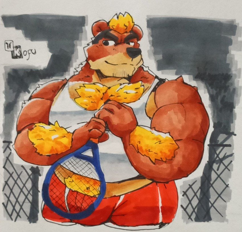 anthro belly blonde_hair brown_body brown_fur bulge clothing fur hair male muscular muscular_male pubes racket red_clothing solo kofu_grizzly_chubby harold_grifter bear mammal ursine traditional_media_(artwork)