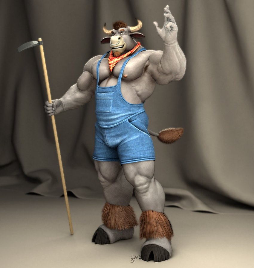 ankle_tuft anthro barefoot biceps black_facial_hair blue_clothing blue_overalls body_hair brown_hair chest_hair clothing curtains denim denim_clothing facial_hair facial_piercing feet fur gesture grey_body grey_fur hair happy_trail hoe holding_object hooved_plantigrade hooved_toes hooves horn leg_tuft looking_at_viewer male musclegut muscular muscular_anthro muscular_male nipples nose_piercing nose_ring obliques overalls pecs piercing plantigrade pose ring_piercing scarf shirtless solo standing tail tail_tuft tools tuft waving waving_at_viewer braford jack_(braford) bovid bovine cattle mammal 2017 3d_(artwork) digital_media_(artwork) signature