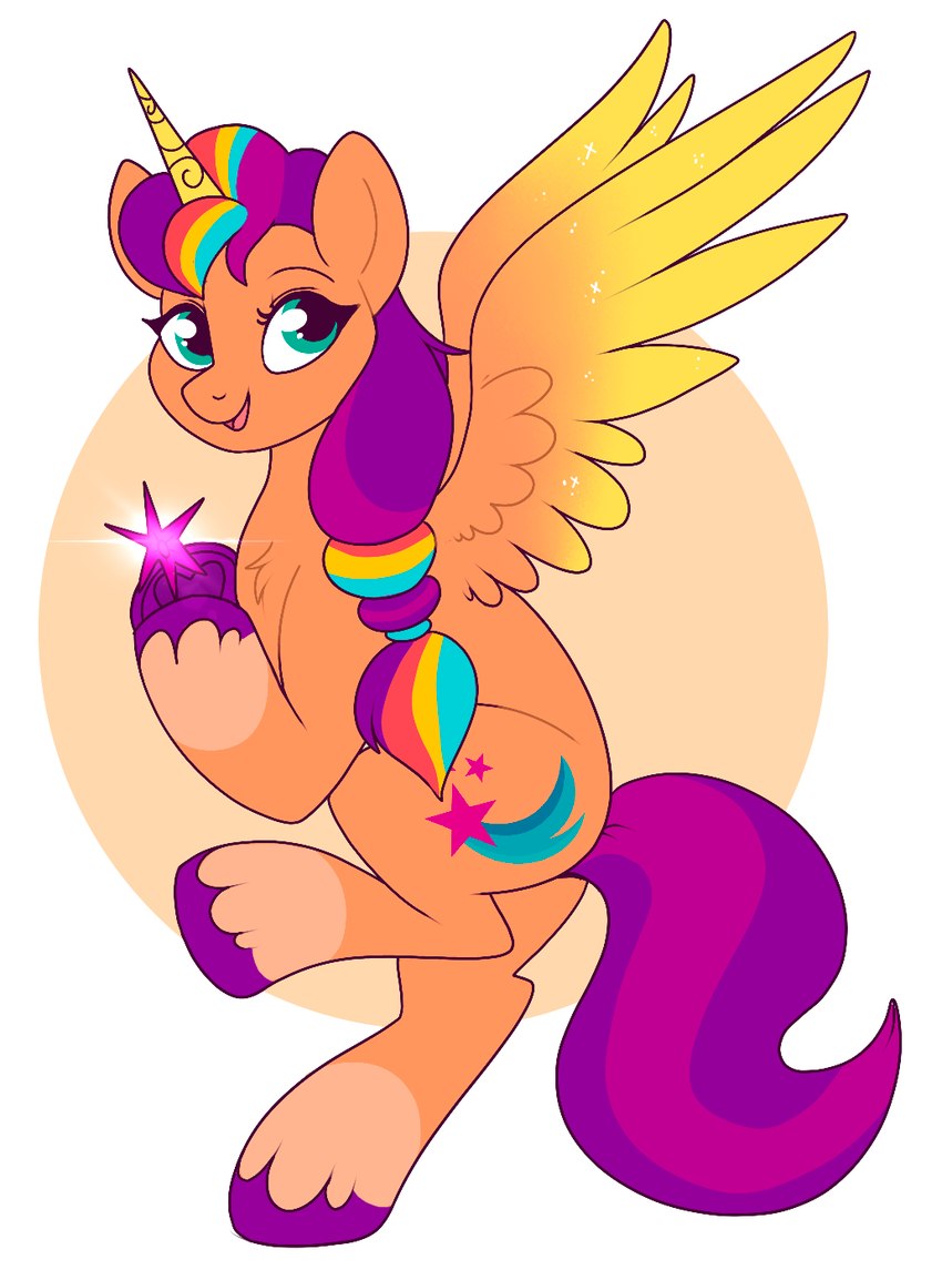 cutie_mark feathered_wings feathers female feral gradient_background green_eyes hair highlights_(coloring) hooves horn multicolored_hair open_mouth open_smile orange_body orange_feathers purple_hair purple_tail simple_background smile solo star tail wings yellow_body yellow_feathers lulubell hasbro mlp_g5 my_little_pony mythology sunny_starscout_(mlp) equid equine mammal mythological_creature mythological_equine winged_unicorn digital_media_(artwork) hi_res