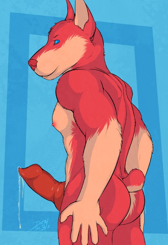 abstract_background anthro biped butt erection fur genitals happy knot looking_back male muscular muscular_anthro muscular_male nipples nude pecs penis smile solo standing dieselblue canid canine canis mammal wolf 2014 hi_res