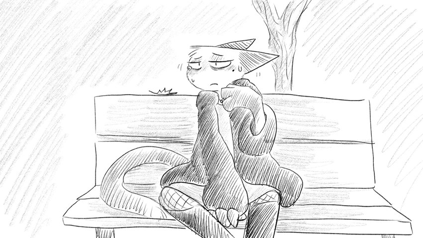 anthro bench bodily_fluids boots clothed clothing ears_back falling_leaves female fishnet_clothing fishnet_legwear footwear leaf legwear park_bench pivoted_ears plant pointy_ears prick_ears puffy_jacket shoes simple_background solo sweat sweatdrop tail tears tree dragonweirdo animal_crossing nintendo olivia_(animal_crossing) domestic_cat felid feline felis mammal 16:9 dialogue_in_description greyscale monochrome story story_in_description widescreen