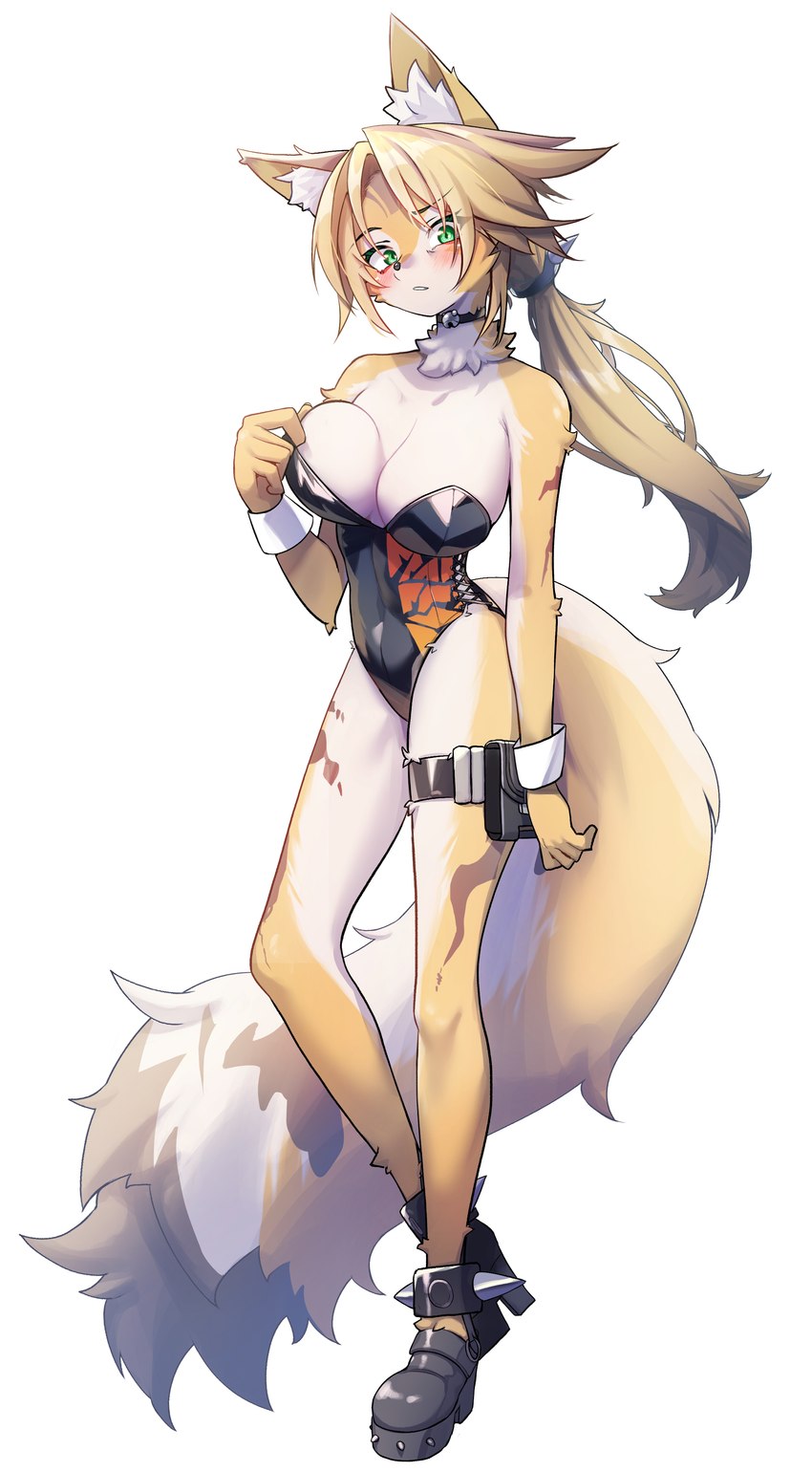 anthro big_breasts blonde_hair blush breasts choker clothing cuffs_(clothing) eyebrow_through_hair eyebrows eyelashes female footwear fur green_eyes hair high_heels inner_ear_fluff jewelry leotard neck_tuft necklace ponytail shoes solo thigh_pouch translucent translucent_hair tuft white_body white_fur yellow_body yellow_fur comaya_0303 mihoyo zenless_zone_zero pulchra_fellini felid feline mammal thiren 2025 absurd_res hi_res