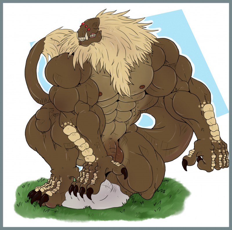 abs balls biceps big_biceps big_muscles blue_border border brown_balls brown_penis claws fangs feet flaccid fluffy fluffy_tail front_view fur genitals hair huge_muscles kneeling male mandibles manly midriff multi_eye muscular muscular_male nipples not_furry nude outside pecs penis pose red_eyes sharp_teeth simple_background solo tail tan_body tan_fur teeth toes tuft vein dragontigerwolf bammlander bastian_(bammlander) demon monster 2016 absurd_res colored hi_res