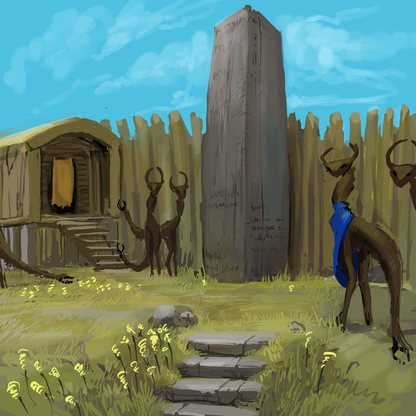 ambiguous_gender blue_clothing clothing feral flower grass green_body green_skin group horn hut looking_at_viewer plant rock sky stairs steps tail wall_(structure) wood wood_wall meandraco alien 1:1 hi_res