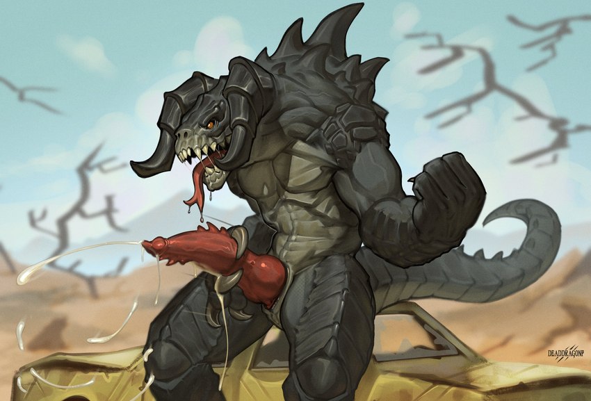 animal_genitalia animal_penis big_penis bodily_fluids claws cum cumshot ejaculation erection finger_claws fist genital_fluids genital_slit genitals horn huge_penis knot long_penis male masturbation outside penile_spines penis sitting solo tail teeth tongue tongue_out deaddragonp fallout microsoft deathclaw scalie 2024 digital_drawing_(artwork) digital_media_(artwork) hi_res