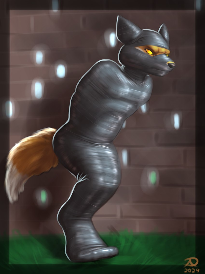 anthro bdsm bondage bound brick_wall fox_tail gag male mummification mummified solo tail tape tape_bondage tape_gag wall_(structure) wrapped wrapped_up yellow_eyes radasus epic_games fortnite fennix_(fortnite) canid canine fox mammal 3:4 hi_res