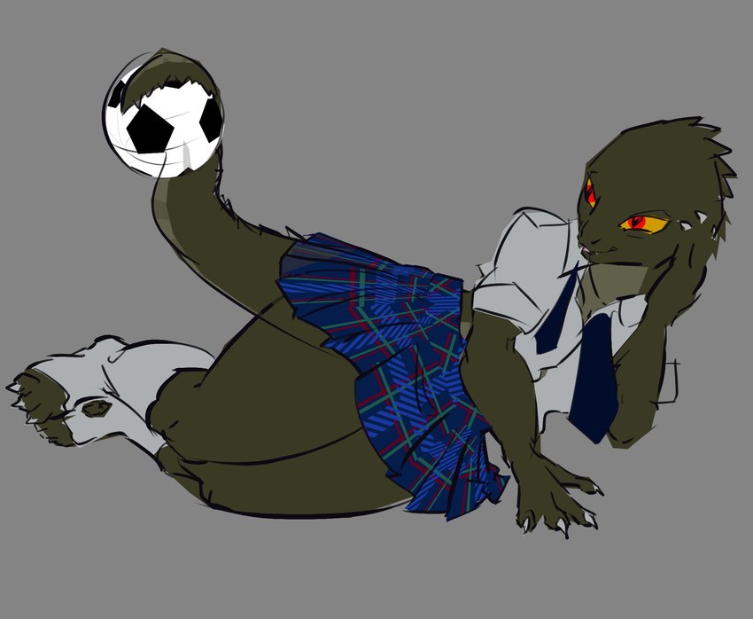 anthro ball bottomwear bully clothing female lying mischievous on_side plaid pleated_skirt prehensile_tail pupils school_uniform skirt slit_pupils soccer_ball solo tail thick_thighs uniform greenpolygon crocodilian humanoid reptile reptoid scalie digital_media_(artwork) hi_res krita_(artwork)