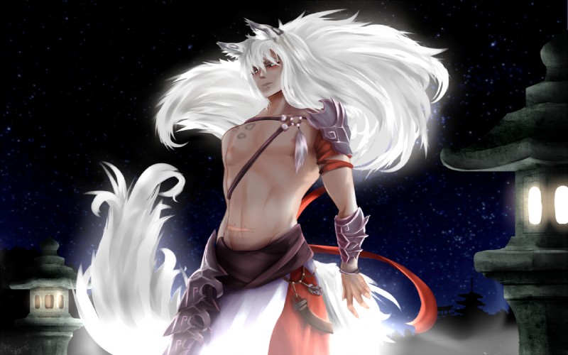 armor fur hair light male night scar solo star temple white_body white_fur white_hair tipsycanvas asian_mythology east_asian_mythology japanese_mythology mythology animal_humanoid demon humanoid yokai 16:10 widescreen