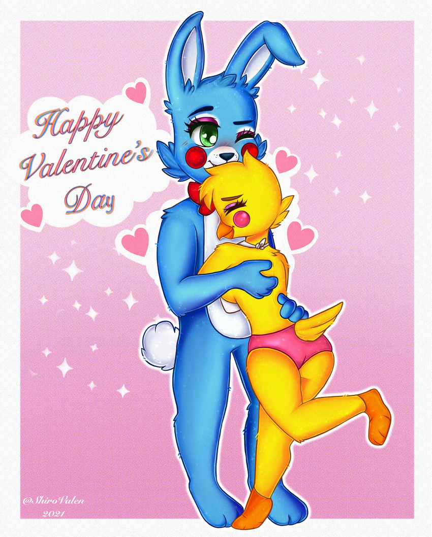 anthro anthrofied beak blush blush_stickers breasts bubble duo female heart_symbol holidays hug male male/female non-mammal_breasts romantic romantic_couple size_difference tail tail_tuft tuft shirovalen five_nights_at_freddy's five_nights_at_freddy's_2 scottgames valentine's_day toy_bonnie_(fnaf) toy_chica_(fnaf) avian bird chicken galliform gallus_(genus) lagomorph leporid mammal phasianid rabbit hi_res