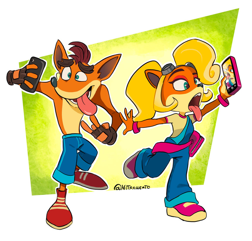 anthro blonde_hair cellphone clothing duo electronics eyewear eyewear_on_head female fingerless_gloves footwear gloves goggles goggles_on_head green_eyes hair handwear long_hair male open_mouth phone pose selfie teeth tongue tongue_out nitroneato activision crash_bandicoot_(series) coco_bandicoot crash_bandicoot bandicoot mammal marsupial 2020 hi_res signature brother_(lore) brother_and_sister_(lore) sibling_(lore) sister_(lore)