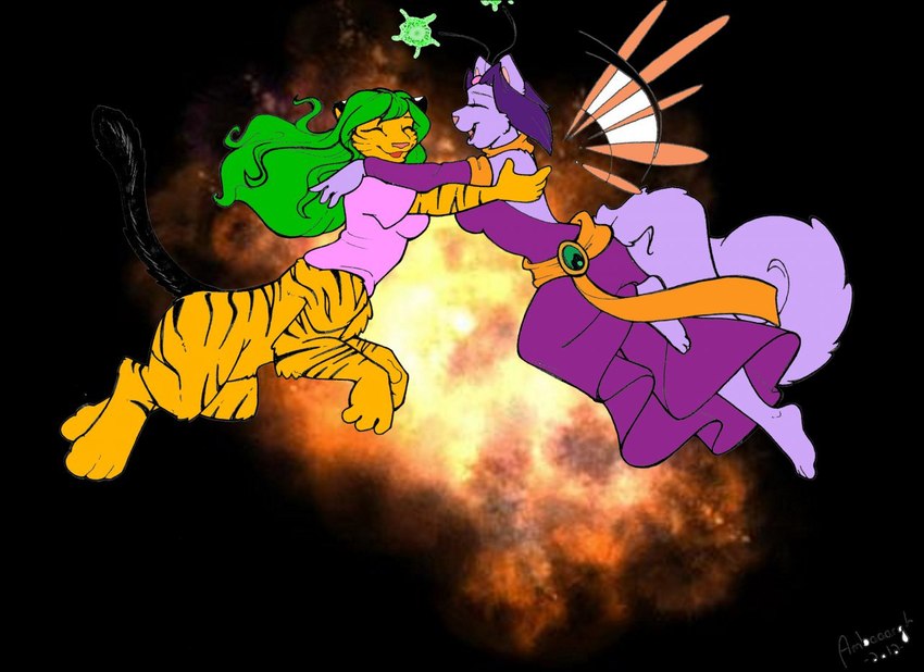 antennae_(anatomy) anthro bottomless breasts clothed clothing dress duo eyes_closed female fur green_hair hair happy hug open_mouth purple_body purple_fur purple_hair smile tail wings amber_williams dan_and_mab's_furry_adventures chakat_blacktail mab_(dmfa) chakat domestic_cat fairy felid felid_taur feline felis mammal mammal_taur taur 2012 herm_(lore)