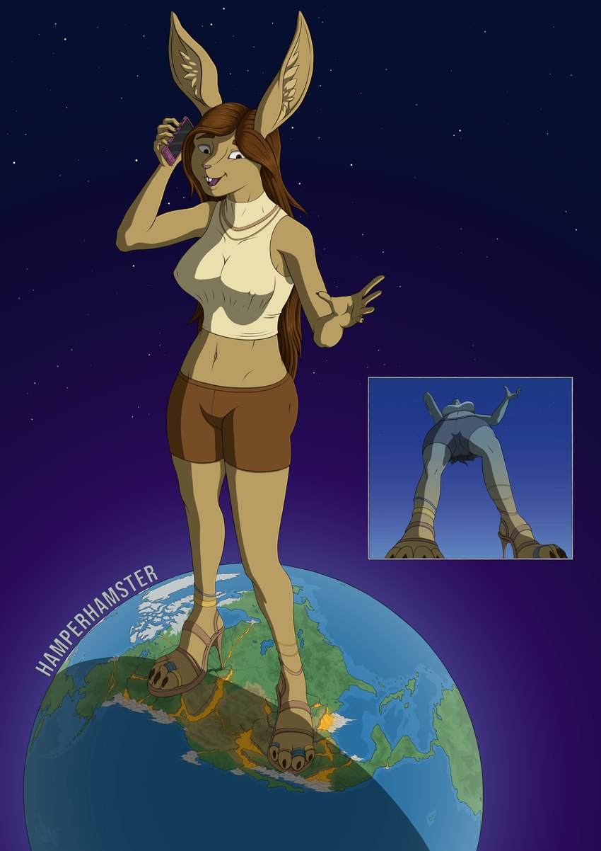 anthro big_ears breasts calling cellphone clothing cracked cracked_ground destroyed destruction electronics female footwear giga hair high_heels long_hair macro macro_anthro phone planet planet_destruction planet_dwarfing shoes solo stiletto_heels hamperhamster lagomorph leporid mammal rabbit absurd_res cel_shading hi_res shaded