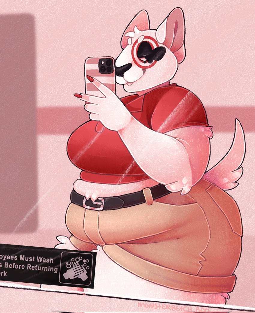 anthro bathroom belly belly_overhang belly_squish belt big_breasts black_belt black_nose bottomwear breasts clothed clothing colored_nails electronics eyebrows eyelashes facial_markings female fingernails fur half-closed_eyes head_markings holding_object holding_phone inside looking_at_viewer markings mascot mirror mirror_selfie nails narrowed_eyes overweight overweight_anthro overweight_female phone raised_tail red_body red_clothing red_fingernails red_fur red_markings red_nails red_shirt red_topwear selfie shirt shorts sign snout solo squish standing tail tan_bottomwear tan_clothing tan_shorts text thick_thighs three-quarter_view topwear white_body white_fur monsterbetch target_corporation bullseye_(target) bull_terrier canid canine canis domestic_dog hunting_dog mammal terrier 2024 digital_media_(artwork) english_text half-length_portrait hi_res portrait shaded signature soft_shading