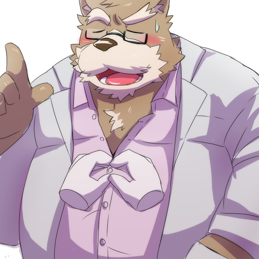 anthro belly blush bodily_fluids brown_body brown_fur clothing fur humanoid_hands kemono male overweight overweight_anthro overweight_male shirt simple_background solo sweat topwear white_background emufu bear mammal 1:1 2017