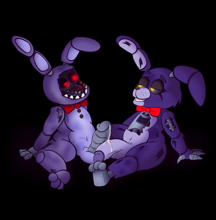 anthro balls big_penis bodily_fluids bow_tie duo genital_fluids genitals machine male male/male metal_penis penis precum sitting smile teeth fuzefurry five_nights_at_freddy's five_nights_at_freddy's_2 five_nights_at_freddy's_4 scottgames nightmare_bonnie_(fnaf) withered_bonnie_(fnaf) animatronic lagomorph mammal robot 2021 absurd_res alpha_channel hi_res