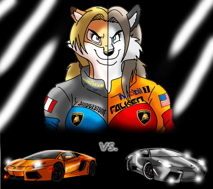 anthro blonde_hair blue_eyes breasts brown_hair car duo female fur grey_body grey_fur hair multicolored_body multicolored_fur race_car racing_suit text two_tone_body two_tone_fur vehicle white_body white_fur xxsparcoxx electronic_arts lamborghini_aventador lamborghini_reventon need_for_speed michelle_(xxsparcoxx) sophia_(xxsparcoxx) canid canine canis fox mammal wolf 2014 digital_media_(artwork) english_text