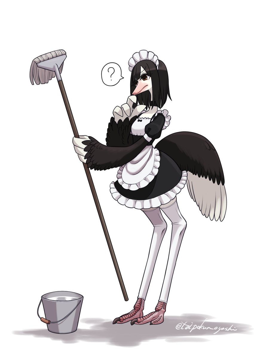 anthro avian_feet beak black_body black_feathers black_hair brown_eyes bucket choker claws cleaning_tool clothed clothing container digitigrade dipstick_tail feathers female gloves_(marking) hair jewelry legwear maid_headdress maid_uniform markings mop necklace question_mark semi-anthro simple_background small_waist solo tail tail_feathers tail_markings thigh_highs toe_claws uniform white_background white_body white_feathers wide_hips winged_arms wings toipokun_oyashi avian bird ostrich ratite hi_res