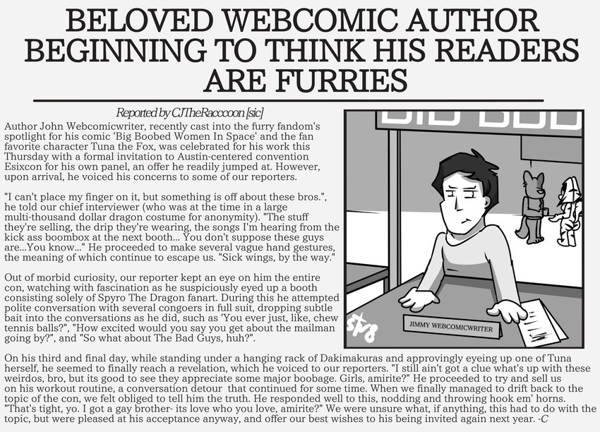 anthro convention dialogue female group hands_on_table male news news_article newspaper suspicious text str8aura-no-not-that-one jimmy_webcomicwriter zig_zag human mammal english_text hi_res