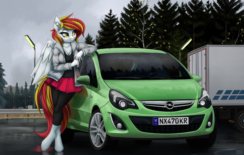 anthro autumn car clothing feathered_wings feathers female looking_at_another solo sun vehicle wings lightly-san hasbro my_little_pony mythology opel equid equine horse mammal mythological_creature mythological_equine pegasus pony diamond_(disambiguation) absurd_res digital_media_(artwork) hi_res shaded