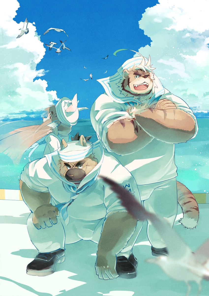 anthro brown_body brown_fur brown_hair bulge crossed_arms crouching femboy fur group hair male musclegut muscular one_eye_closed orange_body orange_fur sailor_hat sailor_uniform sea striped_body striped_fur stripes trio water wink inutora08 lifewonders tokyo_afterschool_summoners hombre_tigre_(tas) tanetomo_(tas) yasuyori_(tas) ambient_seagull canid canine canis domestic_dog felid mammal pantherine tiger absurd_res hi_res