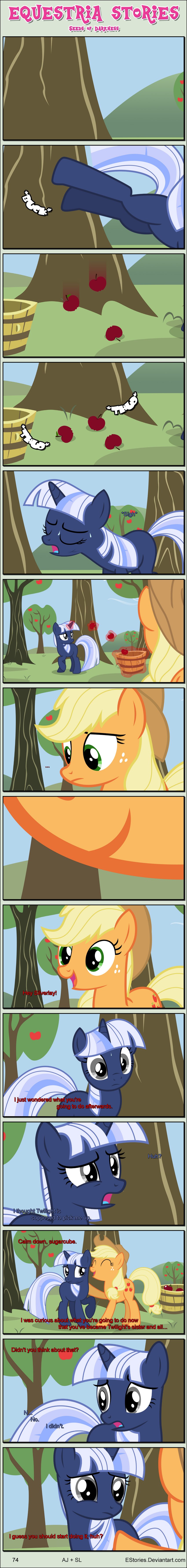 apple apple_bucking apple_tree bangs barrel black_border bodily_fluids border cutie_mark dialogue duo eyes_closed female feral food freckles fruit fruit_tree horn magic outside plant red_magic smile sweat sweet_apple_acres tree wooden_barrel estories friendship_is_magic hasbro my_little_pony mythology applejack_(mlp) silverlay_(estories) earth_pony equid equine horse mammal mythological_creature mythological_equine pony unicorn absurd_res hi_res long_image tall_image