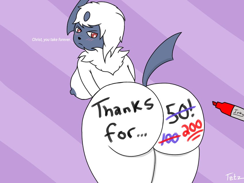 anthro anthrofied blush body_writing breasts butt female fur marker milestone nipples number number_on_body pokemorph solo strikethrough text text_on_body underline white_body white_fur writing_on_butt writing_utensil tetz_(artist) nintendo pokemon kaye_(tetz) absol generation_3_pokemon pokemon_(species) 4:3 absurd_res hi_res