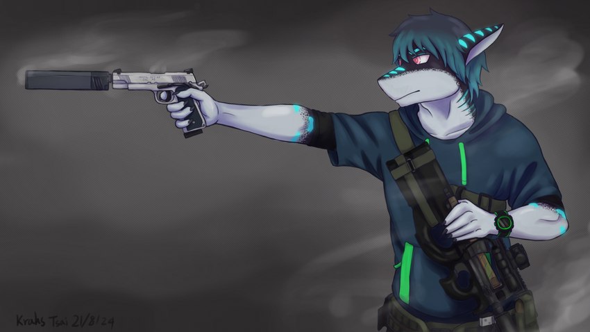 anthro blue_clothing blue_hair blue_hoodie blue_topwear clothing gun hair hoodie looking_aside male p90 pink_eyes ranged_weapon solo submachine_gun topwear weapon krahs_tsai sounori_zen fish marine shark 16:9 absurd_res hi_res widescreen