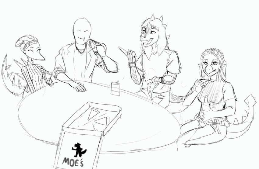 anthro bald bottomwear breasts clothed clothing clubbed_tail container eyes_closed faceless_character faceless_human faceless_male female female_anthro food furniture grin group hair horn male male_anthro pants pizza pizza_box pizza_slice shirt simple_background sitting smile snout spiked_tail spikes spikes_(anatomy) sweater table tail topwear weapon_tail unknown_artist cavemanon_studios goodbye_volcano_high snoot_game anon_(snoot_game) babs_(snoot_game) erin_(snoot_game) nathan_(snoot_game) ankylosaurian ankylosaurid ankylosaurus dinosaur human mammal ornithischian prehistoric_species reptile scalie thyreophoran monochrome