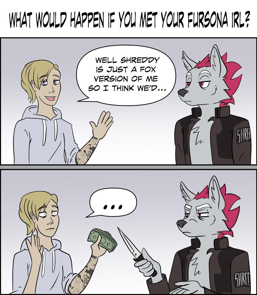 anthro blade clothed clothing dialogue duo ellipsis hair humor male melee_weapon money mugging square_crossover tattoo text weapon shreddyfox shreddy_(shreddyfox) canid canine fox human mammal 2021 absurd_res comic english_text hi_res