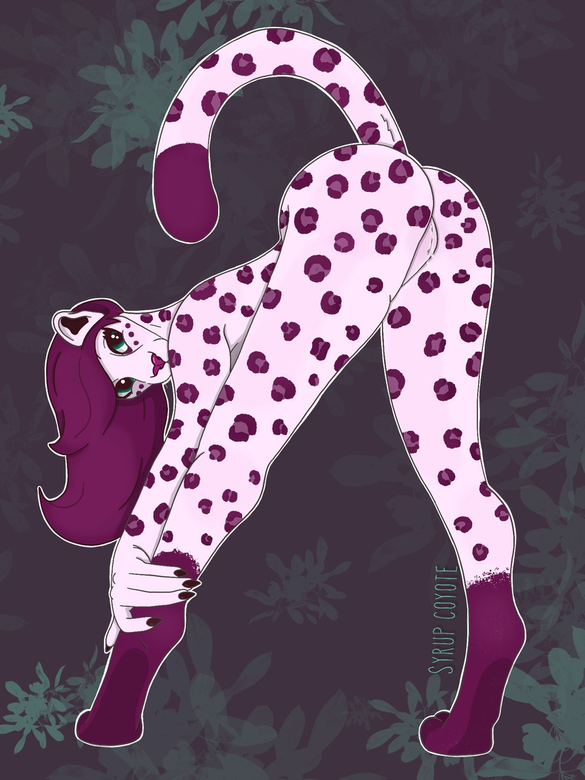 anthro bent_over biped blush bodily_fluids cheek_spots female flexible genital_fluids genitals green_eyes hair leaf leg_markings long_hair long_legs long_tail looking_back markings paws pink_body purple_hair purple_spots pussy raised_tail socks_(marking) solo spots tail tuft vaginal_fluids whiskers syrupcoyote raspberry_(syrupcoyote) felid feline leopard mammal pantherine 2020 3:4 hi_res signature