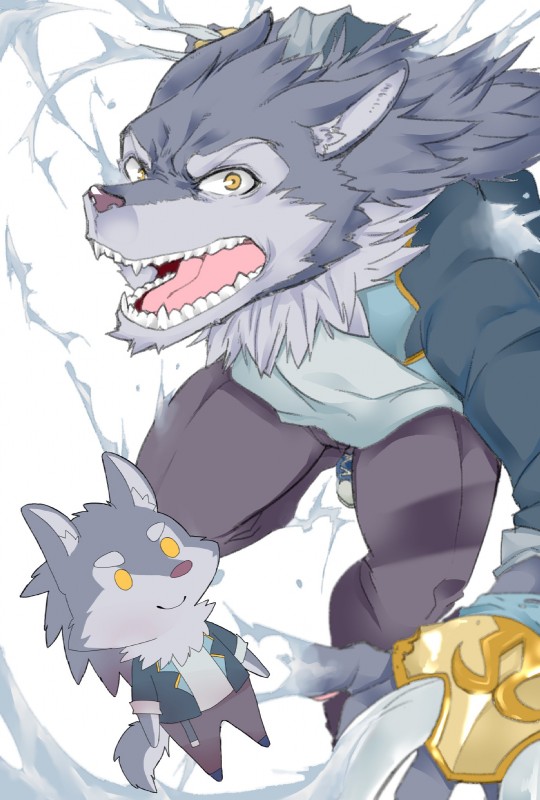 angry claws clothed clothing doll duo fully_clothed hair male mane mane_hair water yellow_eyes osaruyan lifewonders tokyo_afterschool_summoners hati_(tas) canid canine canis mammal wolf hi_res