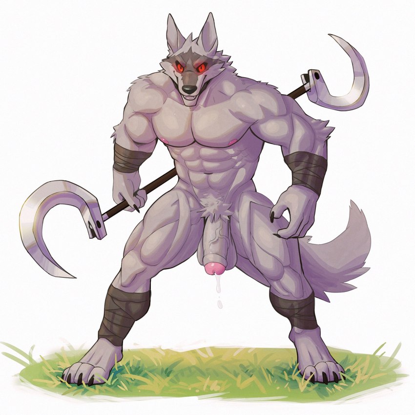 4_toes abs angry anthro areola balls bandage bandaged_arm bandaged_leg barazoku barefoot biceps black_claws black_nose black_sclera cape claws clothing crotch_tuft fangs feet flaccid fluffy fluffy_tail foreskin fur genitals glowing glowing_eyes grass grey_body grey_ears grey_fur grey_tail happy holding_object holding_weapon humanoid_genitalia humanoid_penis long_tail looking_at_viewer male mostly_nude multicolored_body multicolored_fur muscular muscular_anthro muscular_male navel nipples nude nude_anthro nude_male paws pecs penis plant pose presenting presenting_balls presenting_penis red_eyes shadow sharp_teeth simple_background smile smiling_at_viewer solo spread_legs spreading standing tail teeth thick_thighs toes triceps tuft two_tone_body two_tone_fur vein veiny_penis weapon white_background peapeafur dreamworks puss_in_boots_(franchise) death_(puss_in_boots) canid canine canis mammal wolf 1:1 2023 detailed hi_res portrait