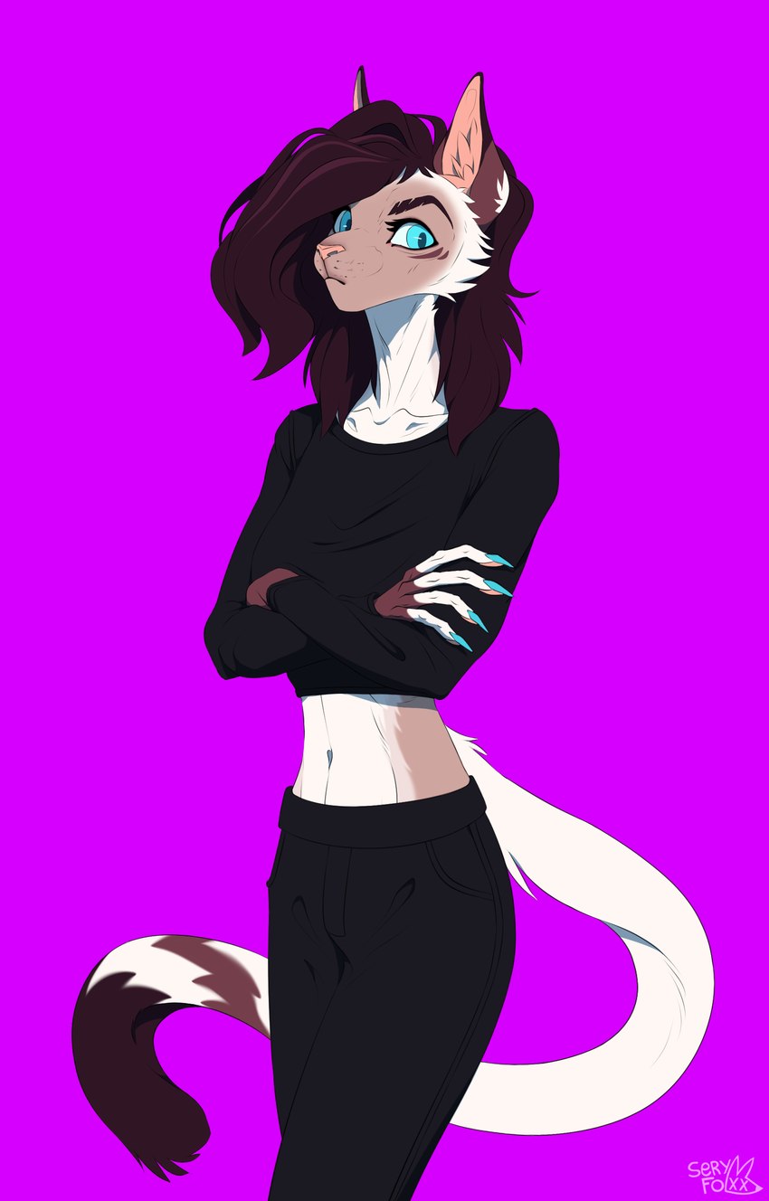 anthro blue_eyes clothed clothing female front_view hair solo seryfoxx domestic_cat felid feline felis mammal absurd_res hi_res