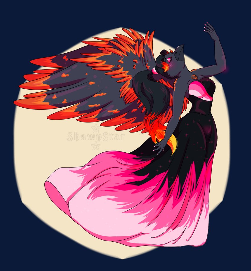 anthro ball_gown beak black_body black_feathers blush blush_(makeup) breasts clothed clothing colored_nails crossdressing drag_(fashion) drag_queen dress eyelashes eyes_closed eyeshadow feathered_wings feathers female fingers hair long_hair makeup nails non-mammal_breasts pink_clothing pink_dress pink_eyeshadow ponytail simple_background smile solo standing wings mistystar avian bird corvid corvus_(genus) crow oscine passerine digital_media_(artwork) hi_res shaded